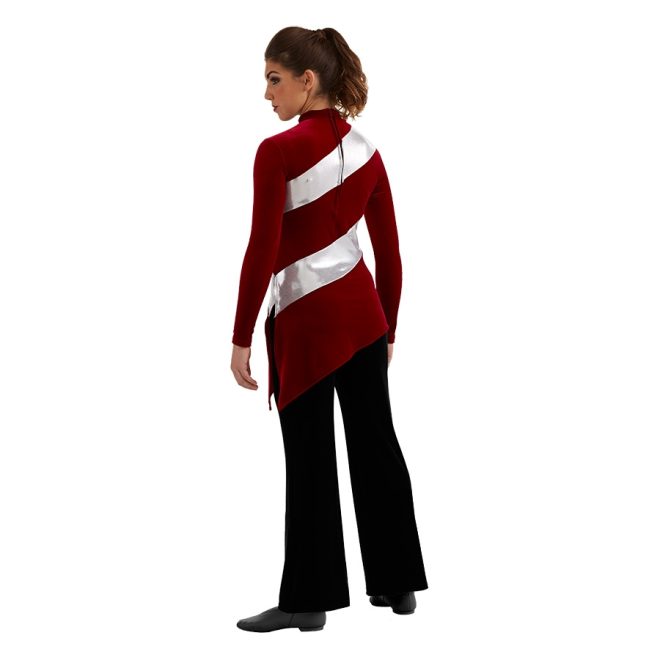 red asymmetrical color guard tunic long sleeve over black pants back view on model
