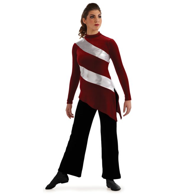 red asymmetrical color guard tunic long sleeve over black pants front view on model