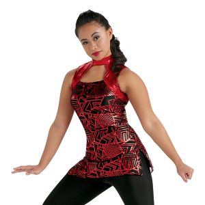 red geometric print tunic over capri leggings front view on model
