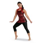 red geometric print tunic over capri leggings front view on model