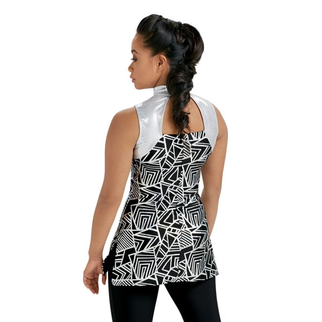silver geometric print tunic over capri leggings back view on model
