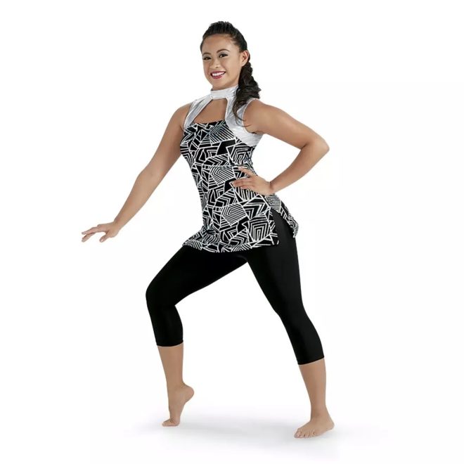 silver geometric print tunic over capri leggings front view on model