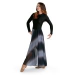 black ombre color guard dress 3/4 view on model. Long sleeves and floor length over capri leggings.