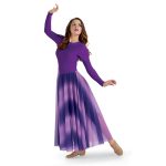 purple ombre color guard dress 3/4 view on model. Long sleeves and floor length over capri leggings.