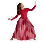 rose ombre color guard dress front view on model. Long sleeves and floor length over capri leggings.