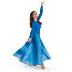 royal ombre color guard dress 3/4 view on model. Long sleeves and floor length over capri leggings.