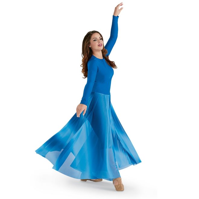 royal ombre color guard dress 3/4 view on model. Long sleeves and floor length over capri leggings.