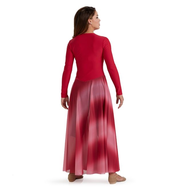 rose ombre color guard dress back view on model. Long sleeves and floor length over capri leggings.