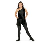 black one shoulder skirted color guard tunic front view on model over black leggings