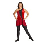 one shoulder scarlet skirted color guard tunic front view on model over black leggings