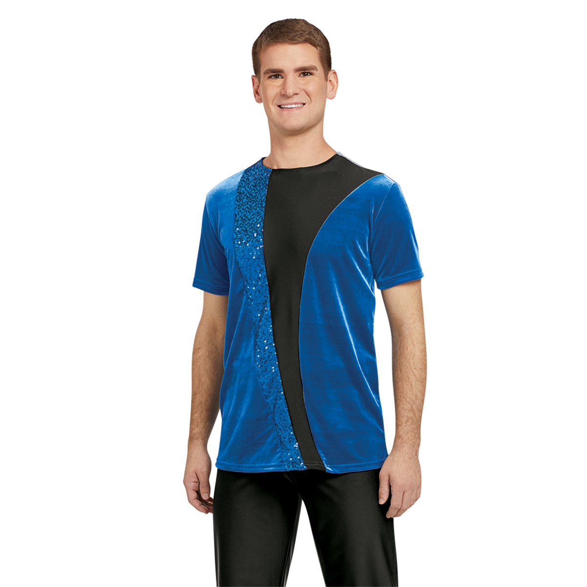 bright blue men's color guard top shown over black pants on model front view