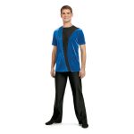 bright blue men's color guard top shown over black pants on model front view