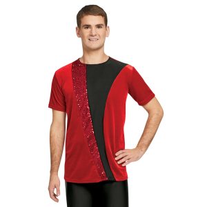 scarlet men's color guard top shown over black pants on model front view