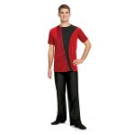 scarlet men's color guard top shown over black pants on model front view