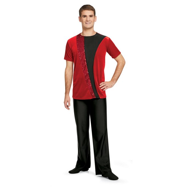 scarlet men's color guard top shown over black pants on model front view
