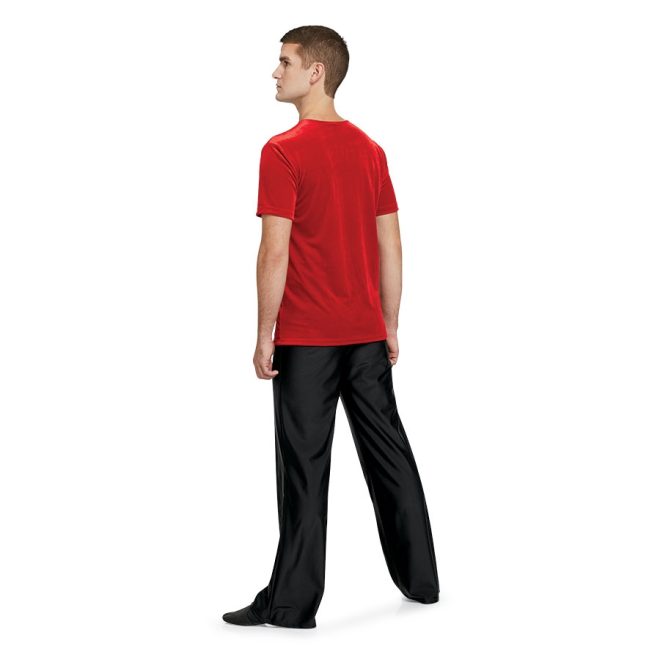 scarlet men's color guard top shown over black pants on model back view