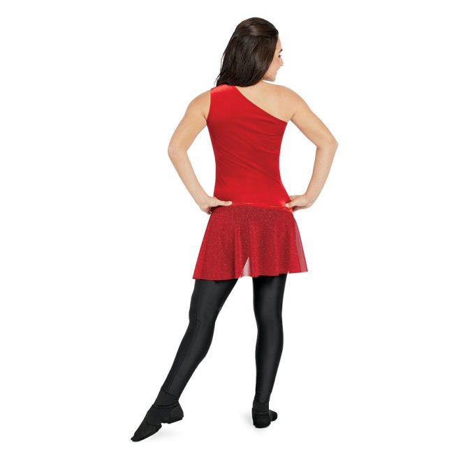 scarlet one shoulder skirted color guard tunic back view on model over black leggings