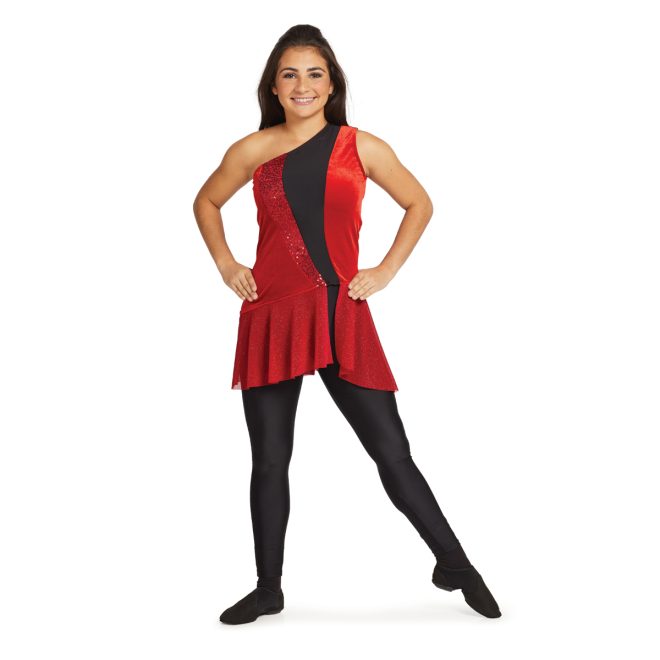 scarlet one shoulder skirted color guard tunic front view on model over black leggings