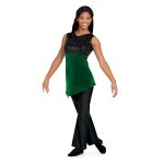 christmas green sleeveless asymmetric skirted color guard tunic shown over black pants front view on model. Black sparkle chest and christmas green body