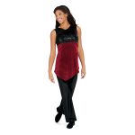 red sleeveless asymmetric skirted color guard tunic shown over black pants front view on model. Black sparkle chest and red body