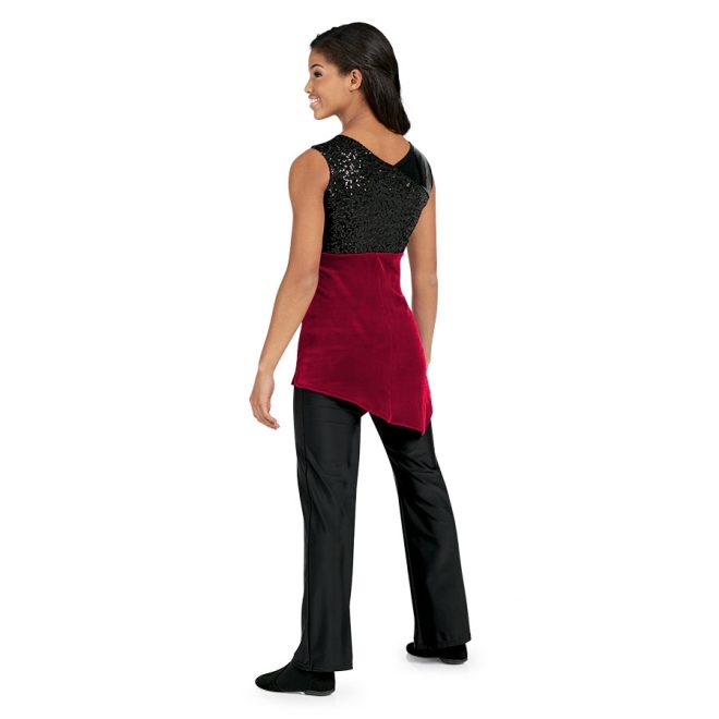 red sleeveless asymmetric skirted color guard tunic shown over black pants back view on model. Black sparkle chest and red body