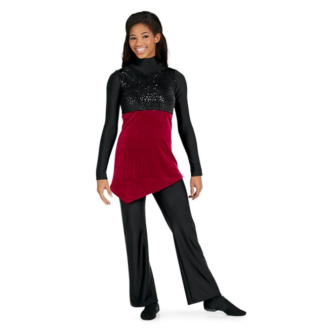 red sleeveless asymmetric skirted color guard tunic shown over black pants and long sleeve shirt front view on model. Black sparkle chest and red body