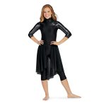 black pull-on color guard skirt shown over black tunic and capri leggings front view on model