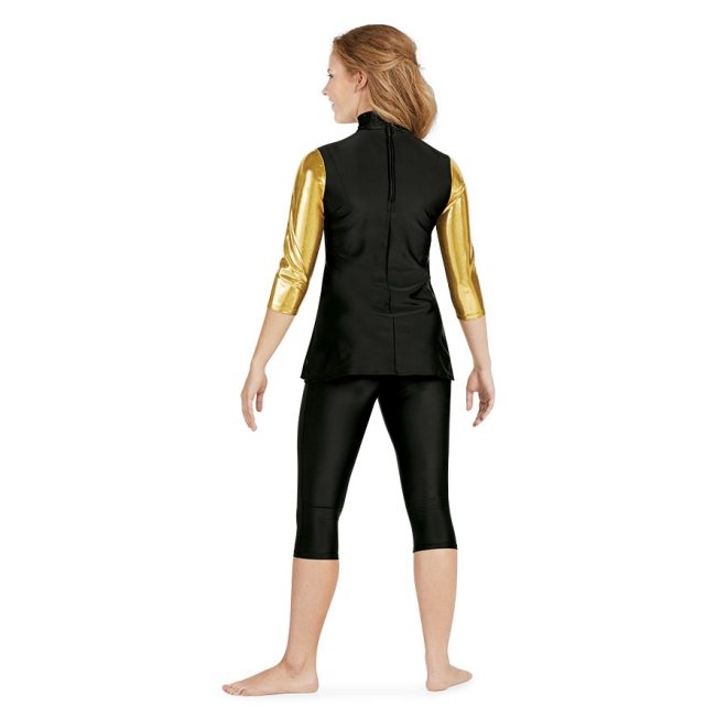 gold pull-on color guard skirt shown over black and gold tunic and capri leggings back view on model