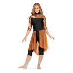 copper pull-on color guard skirt shown over black and copper tunic and capri leggings front view on model
