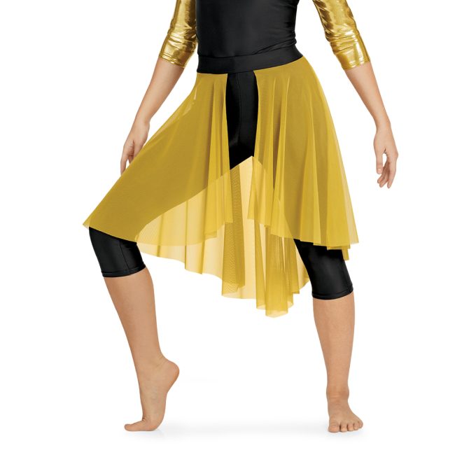 gold pull-on color guard skirt shown over black and gold tunic and capri leggings front view on model