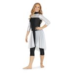 white pull-on color guard skirt shown over black and silver tunic and capri leggings front view on model