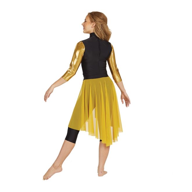 gold pull-on color guard skirt shown over black and gold tunic and capri leggings back view on model