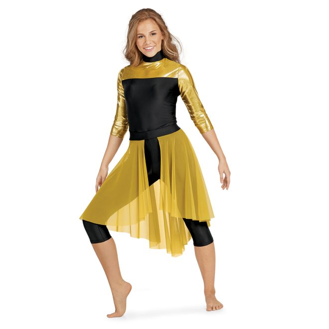 gold pull-on color guard skirt shown over black and gold tunic and capri leggings front view on model