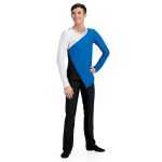 true royal men's asymmetric color guard tunic over black pants front view on model