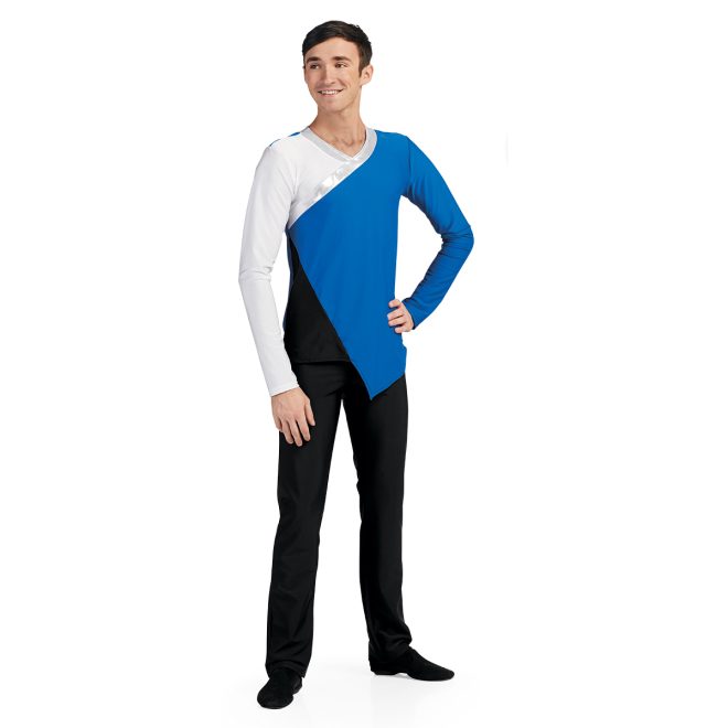 true royal men's asymmetric color guard tunic over black pants front view on model