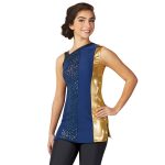 navy with gold stripe asymmetric tunic side vent front view on model