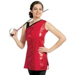 red asymmetric tunic side vent front view on model holding sabre