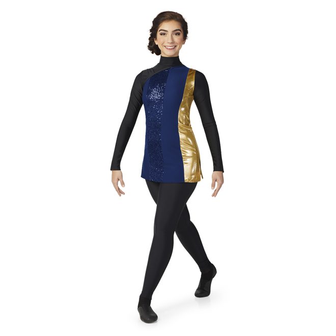 navy asymmetric tunic side vent front view on model with black unitard underneath