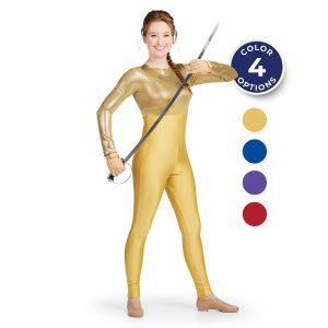 gold color guard unitard front view with model holding sabre. Other color options shown in swatches are gold, royal, purple, and red.