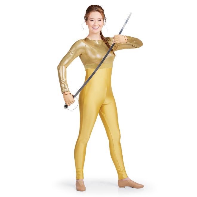 gold color guard unitard front view on model holding sabre