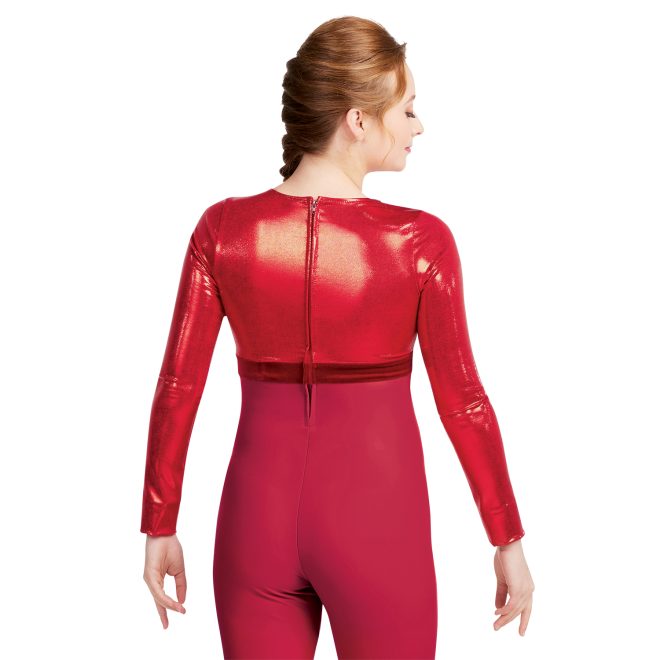 red color guard unitard back view on model