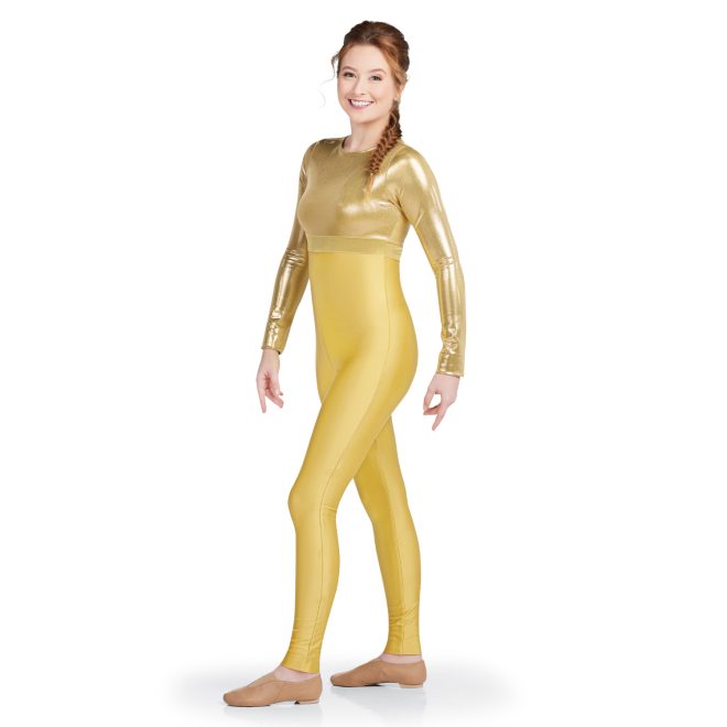 gold color guard unitard 3/4 view on model