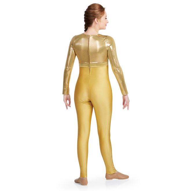 gold color guard unitard back view on model