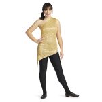 gold one shoulder asymmetric color guard tunic over black leggings front view on model