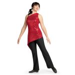 red one shoulder asymmetric color guard tunic over black leggings front view on model