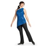 royal one shoulder asymmetric color guard tunic over black leggings front view on model