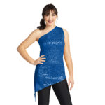 royal blue one shoulder asymmetric color guard tunic over black leggings front view on model