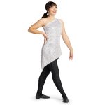 silver one shoulder asymmetric color guard tunic over black leggings front view on model