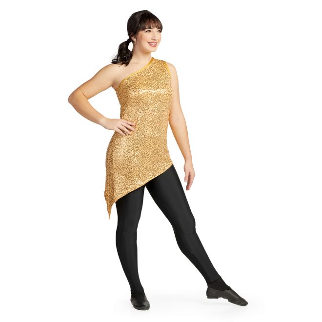 gold one shoulder asymmetric color guard tunic over black leggings front view on model