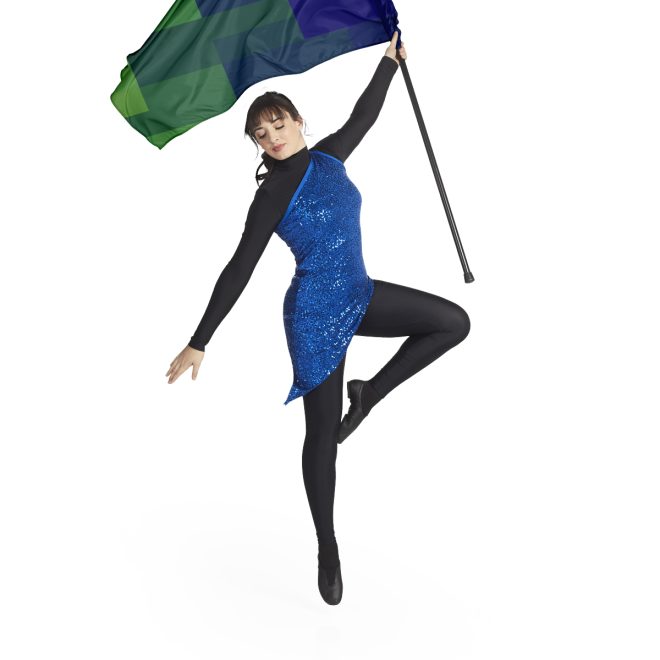royal one shoulder asymmetric color guard tunic over black long sleeve and black leggings front view on model holding royal and green block flag